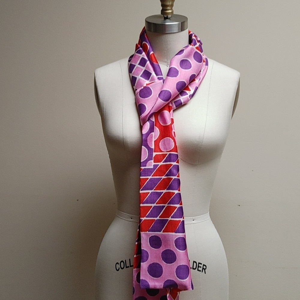 Vintage Sash Scarf Wrap in Circle Diamond Square Print Pink Purple Orange White - Picture 15 of 16